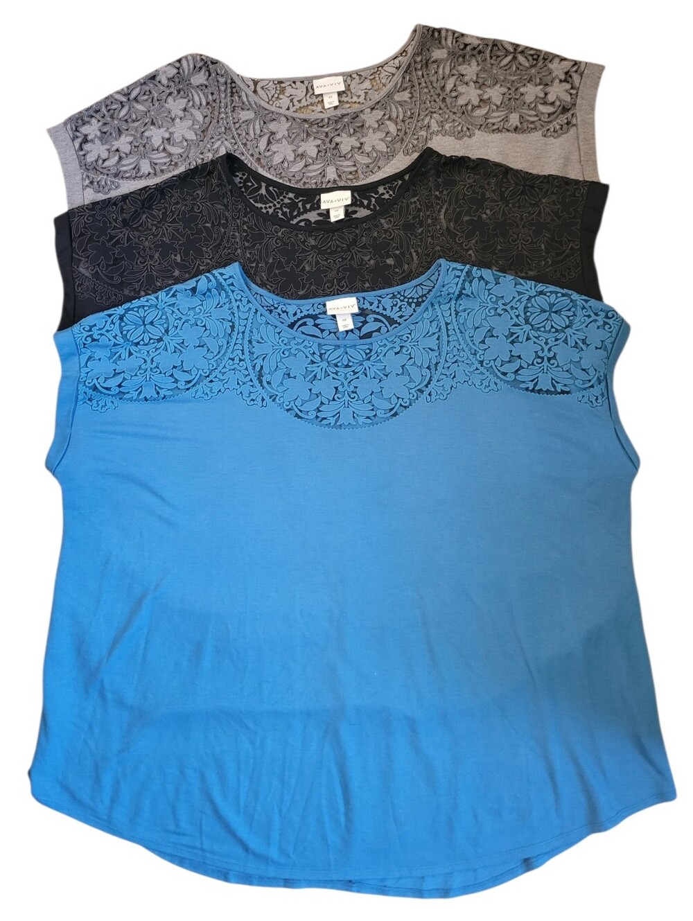 Lot Of 3 Ava & Viv Lace Yoke Short Sleeve Top Plus Size 4 4x Black Blue Gray